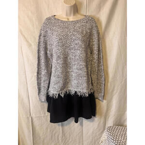 Vintage Gray Basket-Weave Knit Sweater with Fringe Hem - OS